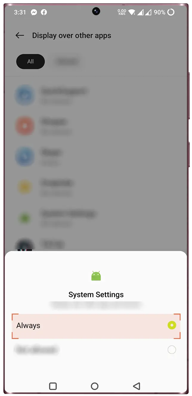 Check "Always" on the next step to allow System Settings to display over other apps.