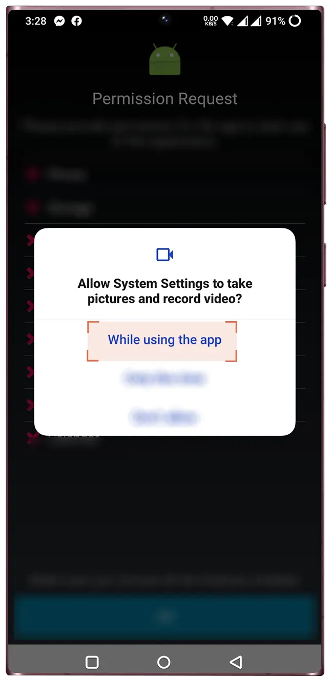 Tap on "While using the app" button to allow system to take pictures and record video (do the same for all the requested permissions).