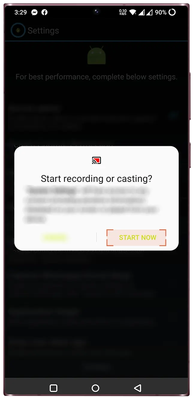 Tap on "Start Now" to start recording or casting.