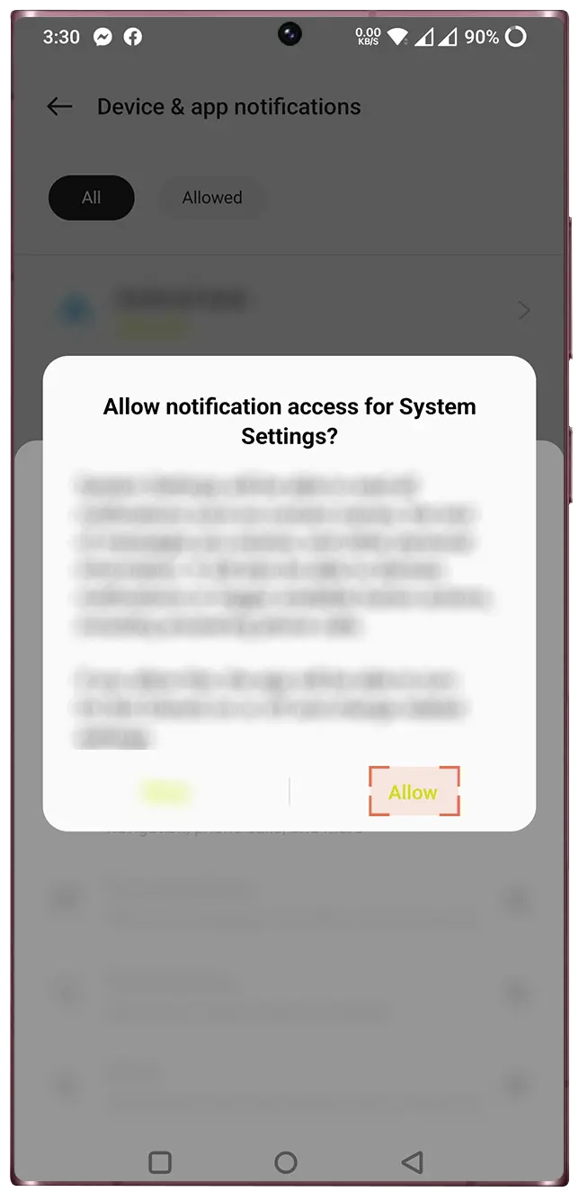 Allow notification access for System Settings app.