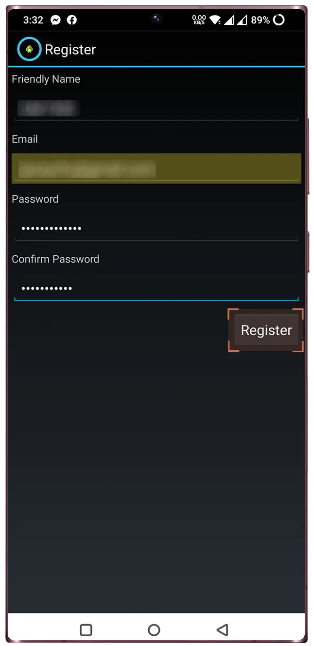 Enter your Device Name, Email, and Password with confirmation, and tap on “Register” button.